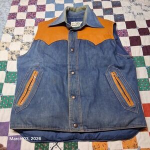 Vintage Pacific Trail Prime‎ Northern Down Western Denim Vest With Leather Trim